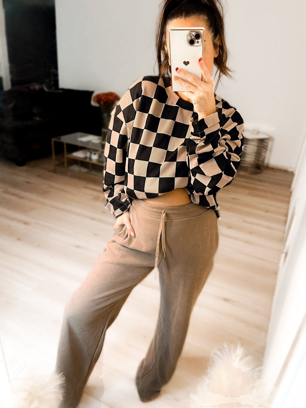 Checkered Corded Crew Sweater Set
